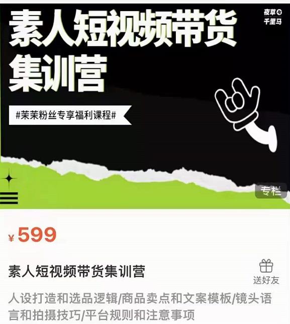 夜草与千里马素人短视频带货集训营，薛辉团队价值599-则成副业项目资源站