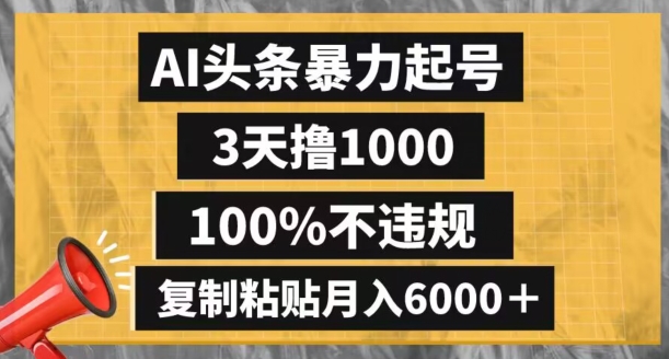 AI头条暴力起号，3天撸1000,100%不违规，复制粘贴月入6000＋【揭秘】-则成副业项目资源站