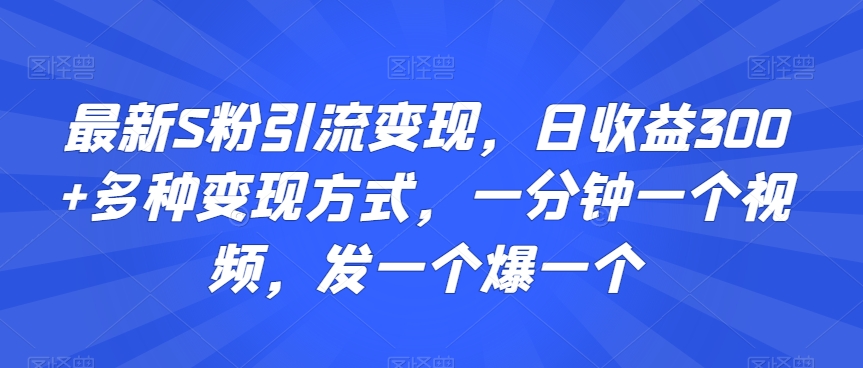 最新S粉引流变现，日收益300+多种变现方式，一分钟一个视频，发一个爆一个【揭秘】-则成副业项目资源站