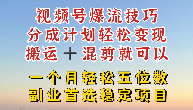 视频号爆流技巧,分成计划轻松变现,搬运 +混剪就可以,一个月轻松五位数稳定项目【揭秘】-则成副业项目资源站