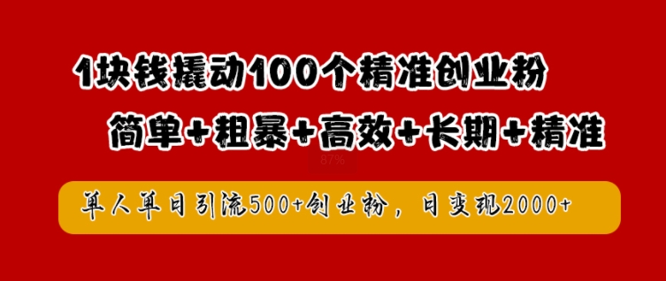 1块钱撬动100个精准创业粉,简单粗暴高效长期精准,单人单日引流500+创业粉,日变现2k【揭秘】-则成副业项目资源站