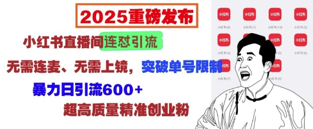 2025重磅发布:小红书直播间连怼引流,无需连麦、无需上镜,突破单号限制,暴力日引流600+-则成副业项目资源站
