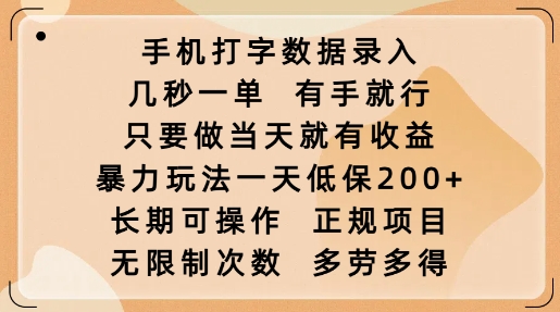 手机打字数据录入,几秒一单,有手就行,只要做当天就有收益,暴力玩法一天低保2张-则成副业项目资源站