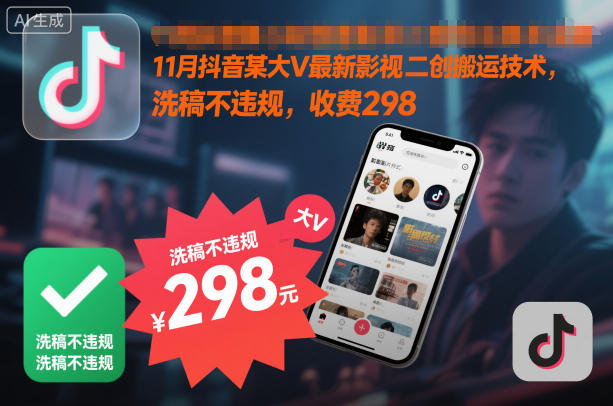11月抖音某大V最新影视二创搬运技术，洗稿不违规，收费298-则成副业项目资源站