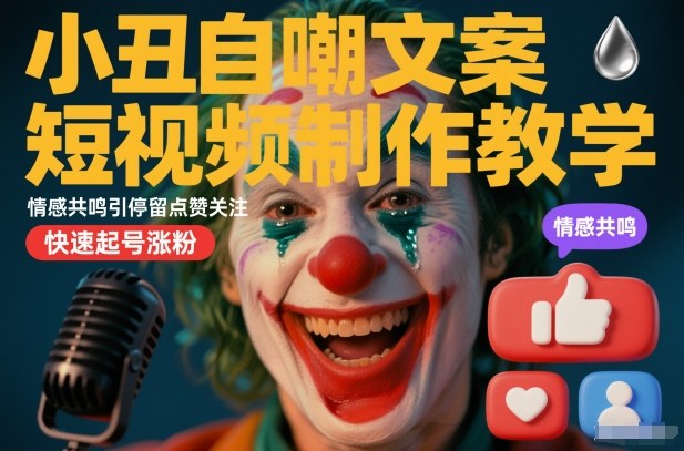 小丑自嘲文案短视频制作教学，情感共鸣引停留点赞关注，快速起号涨粉-则成副业项目资源站