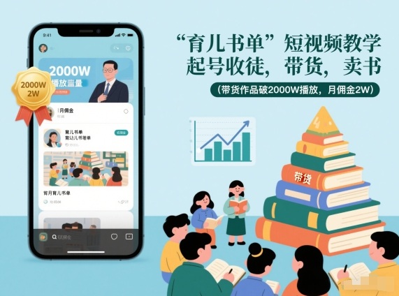 育儿书单短视频教学，起号收徒，带货，卖书（带货作品破2000W播放，月佣金2W）-则成副业项目资源站
