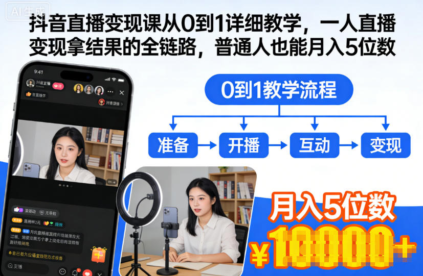 抖音直播变现课从0到1详细教学，一人直播变现拿结果的全链路，普通人也能月入5位数-则成副业项目资源站