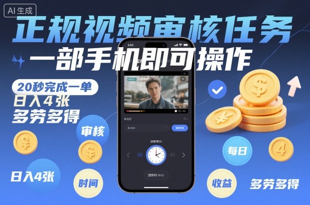 正规视频审核任务，一部手机即可操作，20秒完成一单，日入4张，多劳多得【揭秘】-则成副业项目资源站