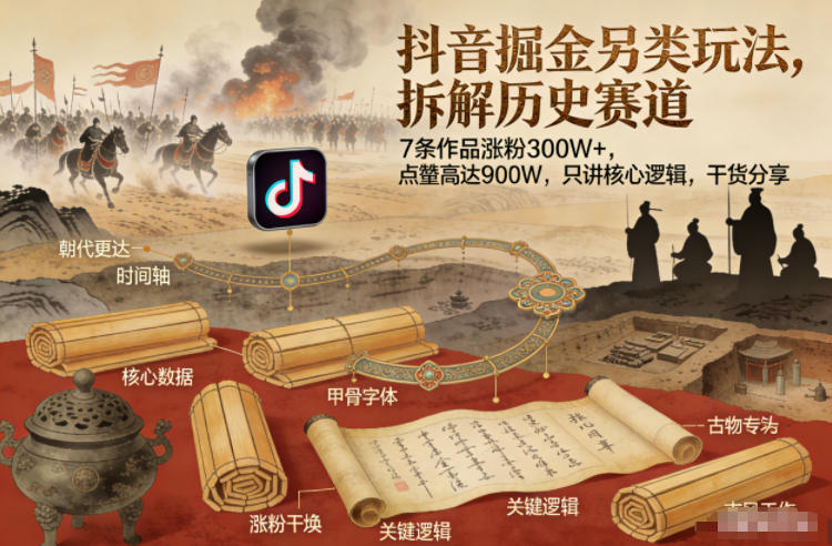 抖音掘金另类玩法，拆解历史赛道，7条作品涨粉300W+，点赞量高达900W，只讲核心逻辑，干货分享-则成副业项目资源站
