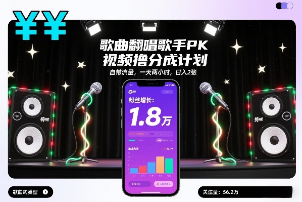 歌曲翻唱歌手PK视频撸分成计划，自带流量，一天两小时，日入2张-则成副业项目资源站
