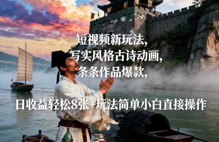 短视频新玩法，写实风格古诗动画，条条作品爆款，日收益轻松8张+玩法简单小白直接操作-则成副业项目资源站