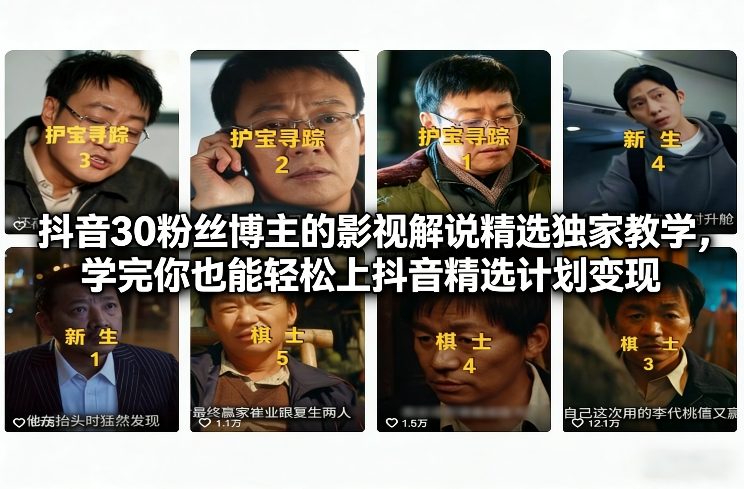 抖音30万粉丝博主的影视解说精选独家教学，学完你也能轻松上抖音精选计划变现-则成副业项目资源站