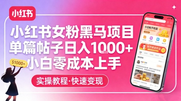 小红书女粉黑马项目，单篇帖子日入1k+，小白零成本上手-则成副业项目资源站