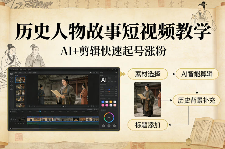 历史人物故事短视频教学，AI+剪辑制作历史人物题材短视频，快速起号涨粉-则成副业项目资源站