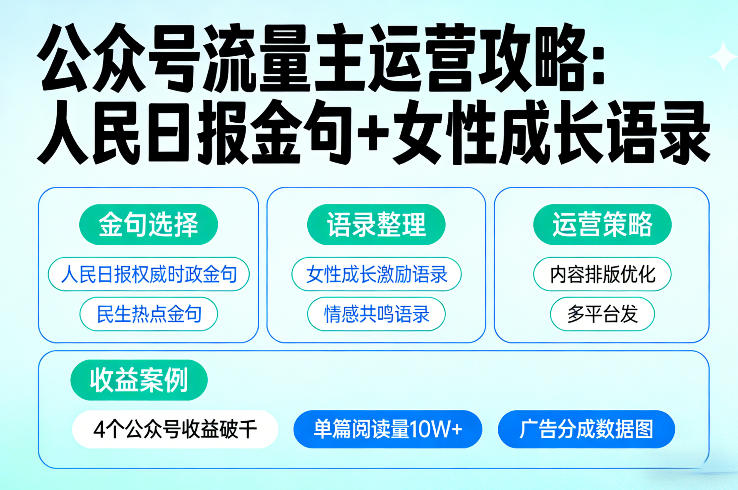 利用人民日报金句+女性成长语录做公众号流量主，4个公众号收益破千-则成副业项目资源站