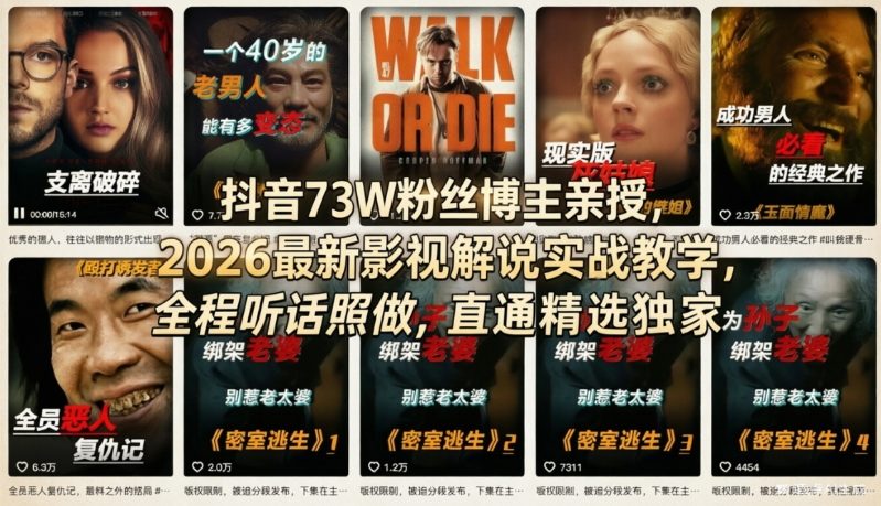 抖音73W粉丝博主亲授，2026最新影视解说实战教学，全程听话照做，直通精选独家-则成副业项目资源站
