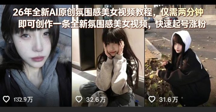 26年全新AI原创氛围感美女视频教程，仅需两分钟即可创作一条全新氛围感美女视频，快速起号涨粉-则成副业项目资源站