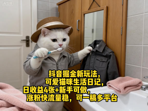 抖音掘金新玩法，可爱猫咪生活日记，日收益4张+新手可做，涨粉快流量稳，可一稿多平台-则成副业项目资源站