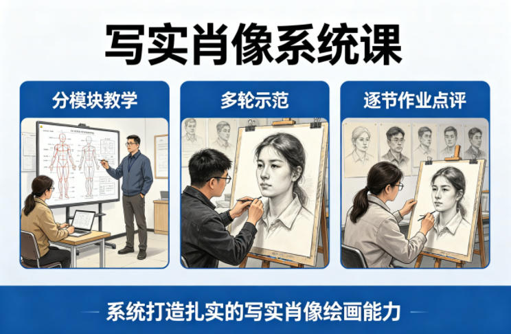写实肖像系统课，全程分模块教学+多轮示范+逐节作业点评，系统打造扎实的写实肖像绘画能力-则成副业项目资源站