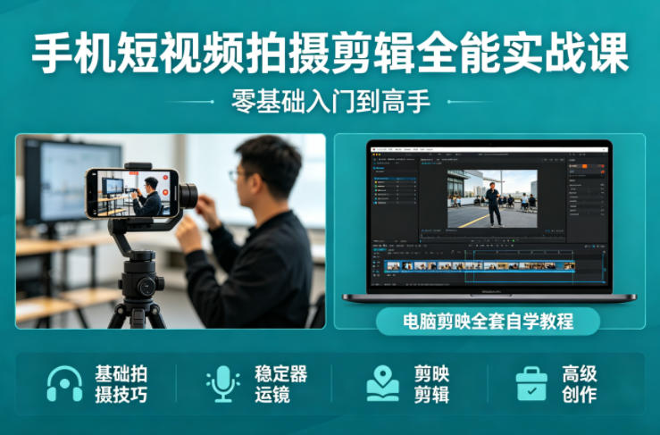 手机短视频拍摄剪辑全能实战课：零基础入门到高手，稳定器运镜+电脑剪映全套自学教程-则成副业项目资源站