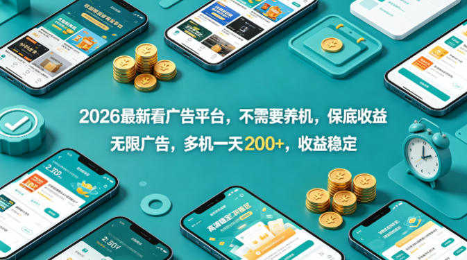 2026最新看广告平台，不需要养机，保底收益，无限广告，多机一天200+，收益稳定【揭秘】-则成副业项目资源站