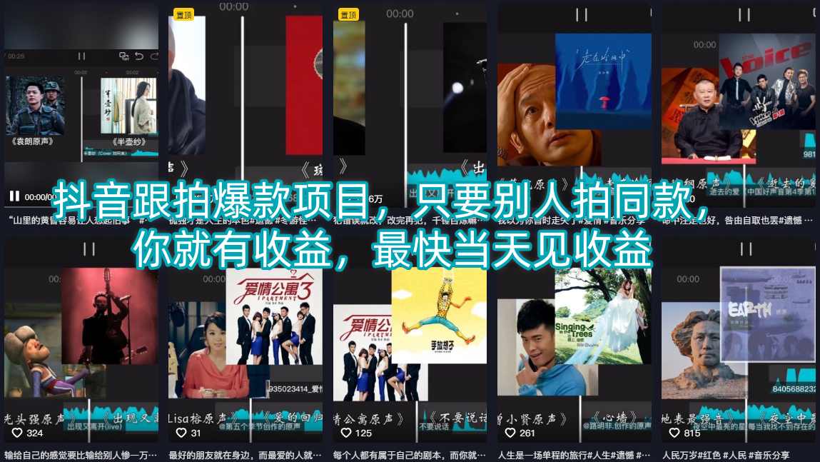 抖音跟拍爆款项目，只要别人拍同款，你就有收益，最快当天见收益-则成副业项目资源站