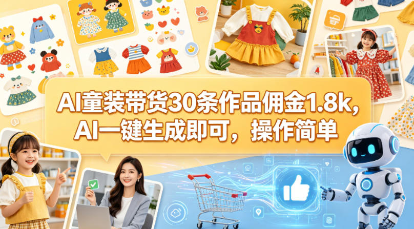AI童装带货30条作品佣金1.8k，AI一键生成即可，操作简单-则成副业项目资源站