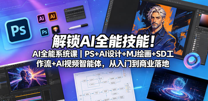 解锁AI全能技能！AI全能系统课｜PS+AI设计+MJ绘画+SD工作流+AI视频智能体，从入门到商业落地-则成副业项目资源站