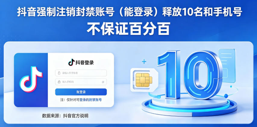 抖音强制注销F禁账号（能登录）释放10名和手机号，不保证百分百-则成副业项目资源站