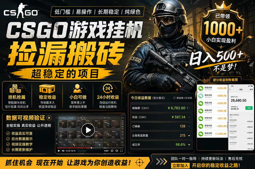 CSGO游戏搬砖，全自动挂G，不需要玩游戏，手机操作日入300+，解放双手【揭秘】-则成副业项目资源站