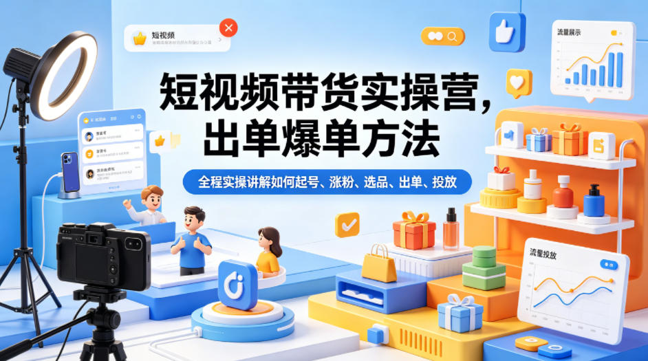短视频带货实操营，出单爆单方法，全程实操讲解如何起号、涨粉、选品、出单、投放-则成副业项目资源站