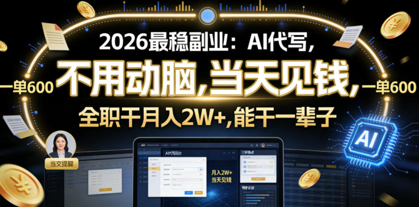 2026最稳副业：AI代写，不用动脑，当天见钱，一单600，全职干月入2W+，能干一辈子【揭秘】-则成副业项目资源站