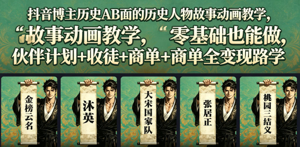 抖音博主历史AB面的历史人物故事动画教学，零基础也能做，伙伴计划+收徒+商单全变现路径教学-则成副业项目资源站