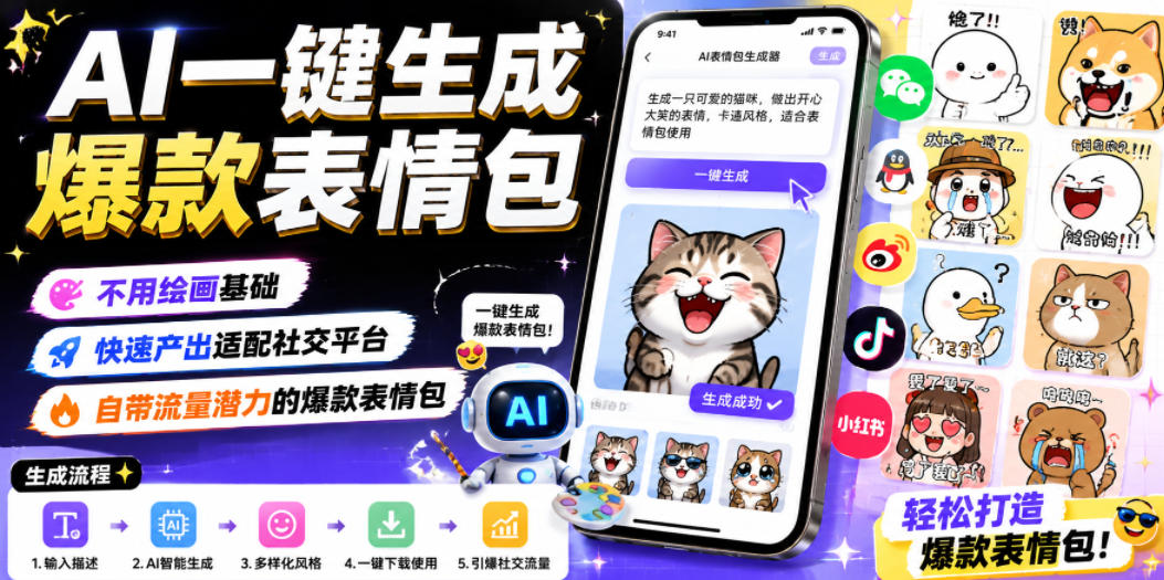 AI一键生成爆款表情包，不用绘画基础，快速产出适配社交平台，自带流量潜力的爆款表情包-则成副业项目资源站