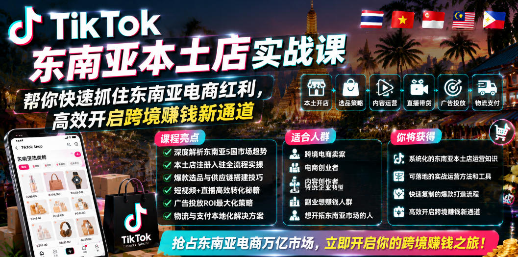 TikTok东南亚本土店实战课，帮你快速抓住东南亚电商红利，高效开启跨境賺钱新通道-则成副业项目资源站
