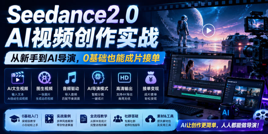 Seedance2.0 AI视频创作实战，从新手到AI导演，0基础也能成片接单变现-则成副业项目资源站