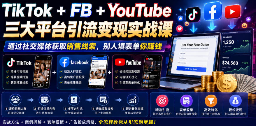 TikTok+FB+YouTube三大平台引流变现实战课，通过社交媒体获取销售线索，别人填表单你賺钱【原创双语字幕】-则成副业项目资源站