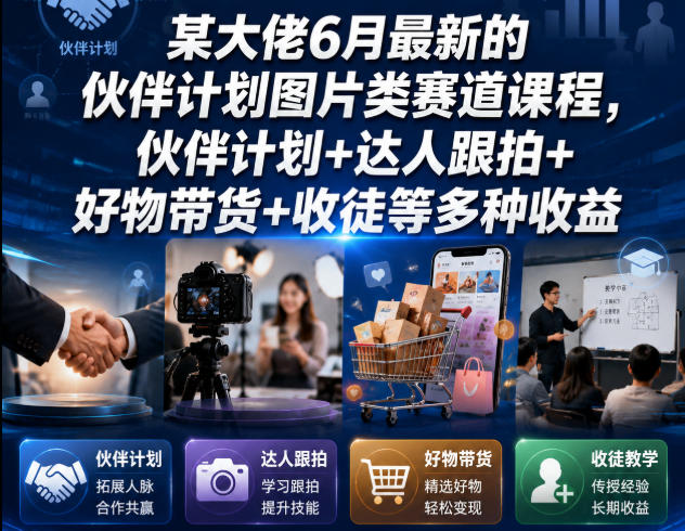 某大佬6月最新的伙伴计划图片类赛道课程，伙伴计划+达人跟拍+好物带货+收徒等多种收益-则成副业项目资源站