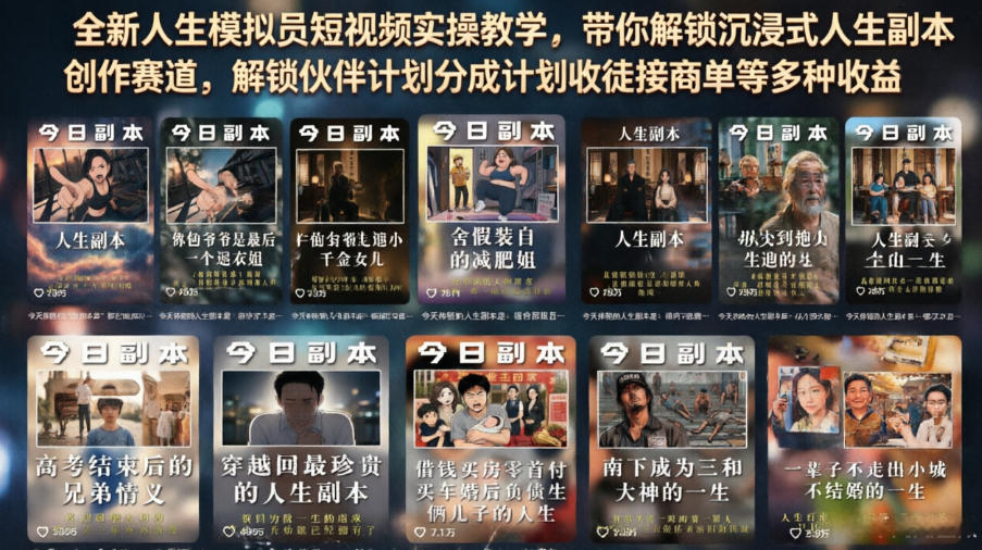 全新人生模拟员短视频实操教学，带你解锁沉浸式人生副本创作赛道，解锁伙伴计划分成计划收徒接商单等多种收益-则成副业项目资源站