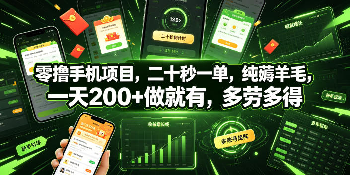 零撸手机项目，二十秒一单，纯薅羊毛，一天200+做就有，多劳多得【揭秘】-则成副业项目资源站