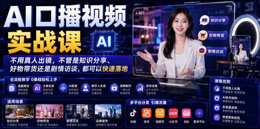 AI口播视频实战课，不用真人出镜，不管是知识分享、好物带货还是剧情访谈，都可以快速落地-则成副业项目资源站