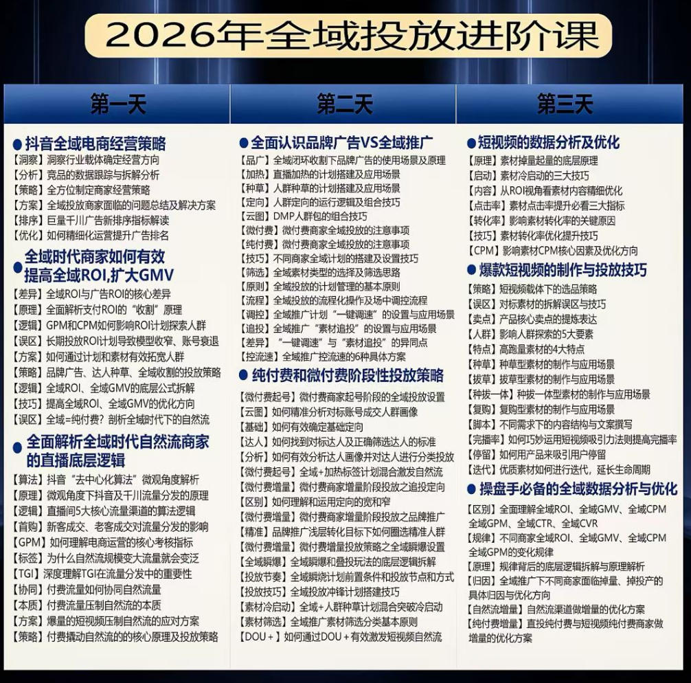 千川扫地僧2026抖音全域投放进阶课，少走弯路·快速起量·掌控增长，6月12-14号杭州线下课-则成副业项目资源站