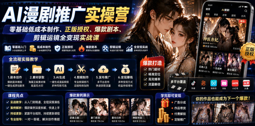 AI漫剧推广实操营｜零基础低成本制作、正版授权、爆款剧本、剪辑运镜全变现实战课-则成副业项目资源站