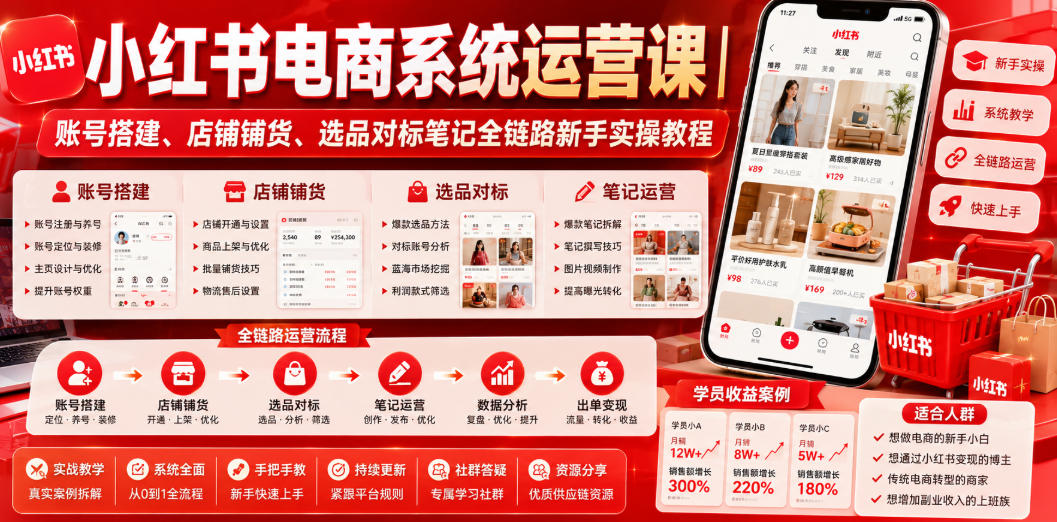 小红书电商系统运营课｜账号搭建、店铺铺货、选品对标笔记全链路新手实操教程-则成副业项目资源站