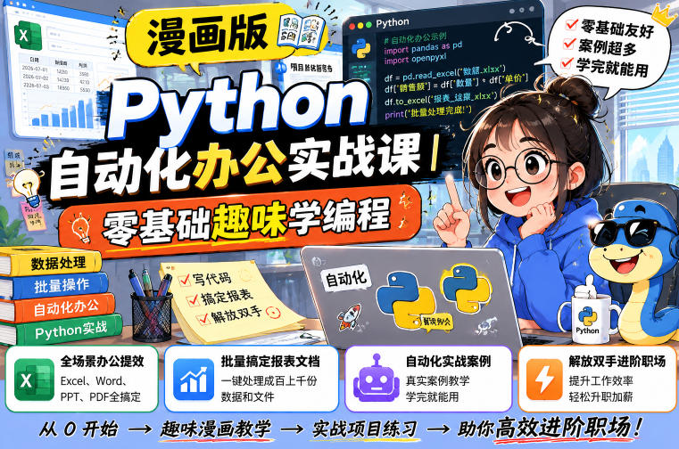 漫画版Python自动化办公实战课｜零基础趣味学编程，全场景办公提效、批量搞定报表文档、解放双手进阶职场-则成副业项目资源站