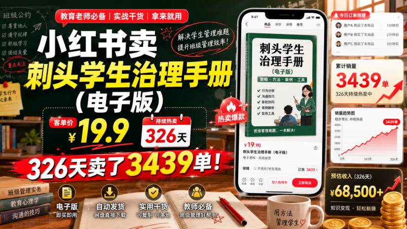 小红书卖刺头学生治理手册（电子版），客单价19.9，326天卖了3439单！-则成副业项目资源站