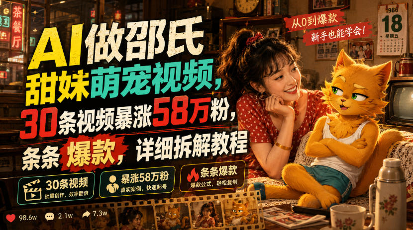 AI做邵氏甜妹萌宠视频，30条视频暴涨58万粉，条条爆款，详细拆解教程-则成副业项目资源站