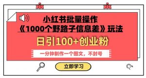 小红书批量操作《1000个野路子信息差》玩法,一分钟制作一个图文,不封号,日引100+创业粉-则成副业项目资源站