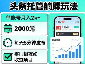 头条托管躺賺玩法，单账号月入2k+，每天5分钟发布即可，零门槛被动收益项目【揭秘】-则成副业项目资源站